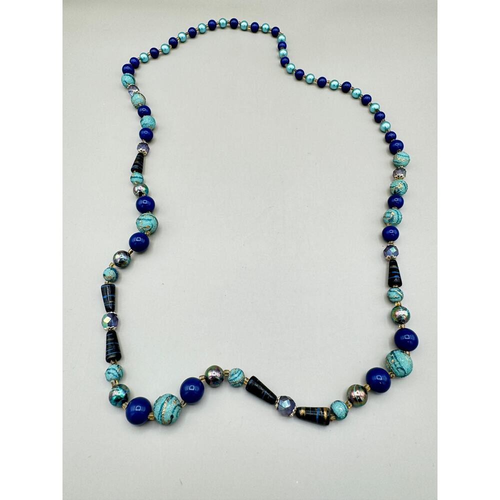 Vintage Blue Teal Gold Metallic Beaded Necklace - Picture 3 of 10